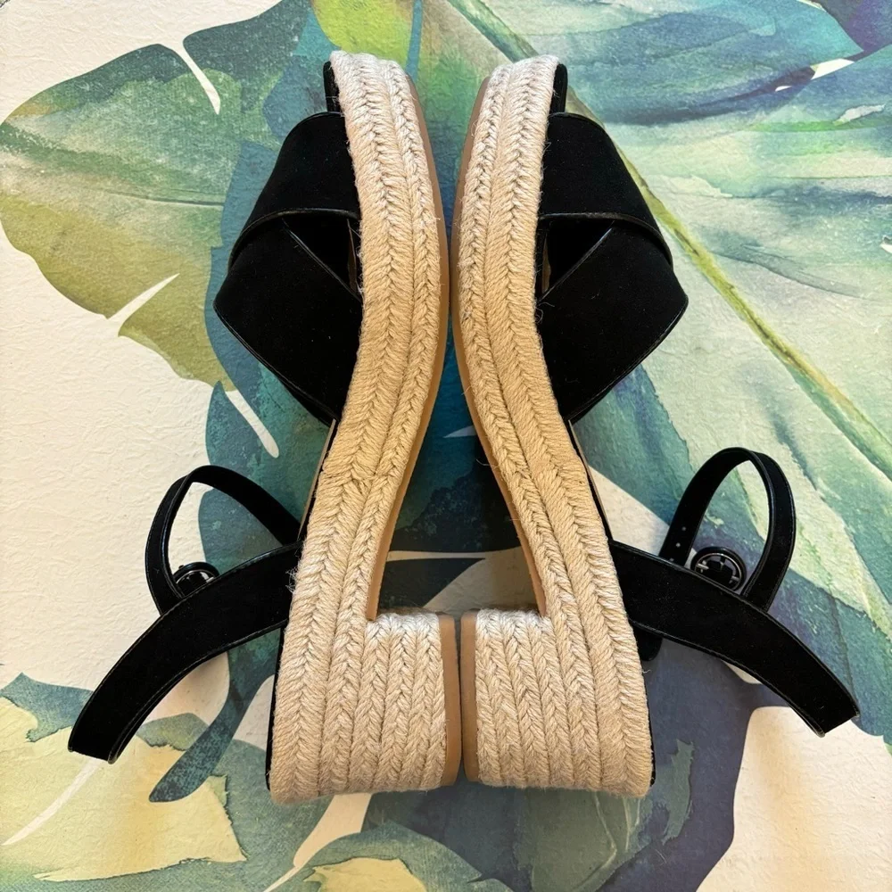 J. CREW Heeled Platform Espadrilles Black Size 11 Faux Suede